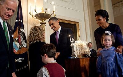 The Obamas light a menorah for Hanukkah 2009 (photo credit: whitehouse.gov)
