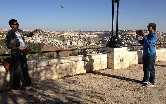 Jeremy Gould (l) and Jake Lemmerman playing catch on Jerusalem's Haas Promenade (photo credit: Jessica Steinberg/Times of Israel) Jeremy Gould (l) and Jake Lemmerman playing catch on Jerusalem's Haas Promenade (photo credit: Jessica Steinberg/Times of Israel)