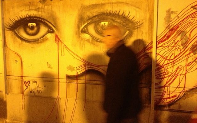 One of the wall murals painted by visiting UK street artist My Dog Sighs (photo credit: Jessica Steinberg/Times of Israel)) One of the wall murals painted by visiting UK street artist My Dog Sighs (photo credit: Jessica Steinberg/Times of Israel))