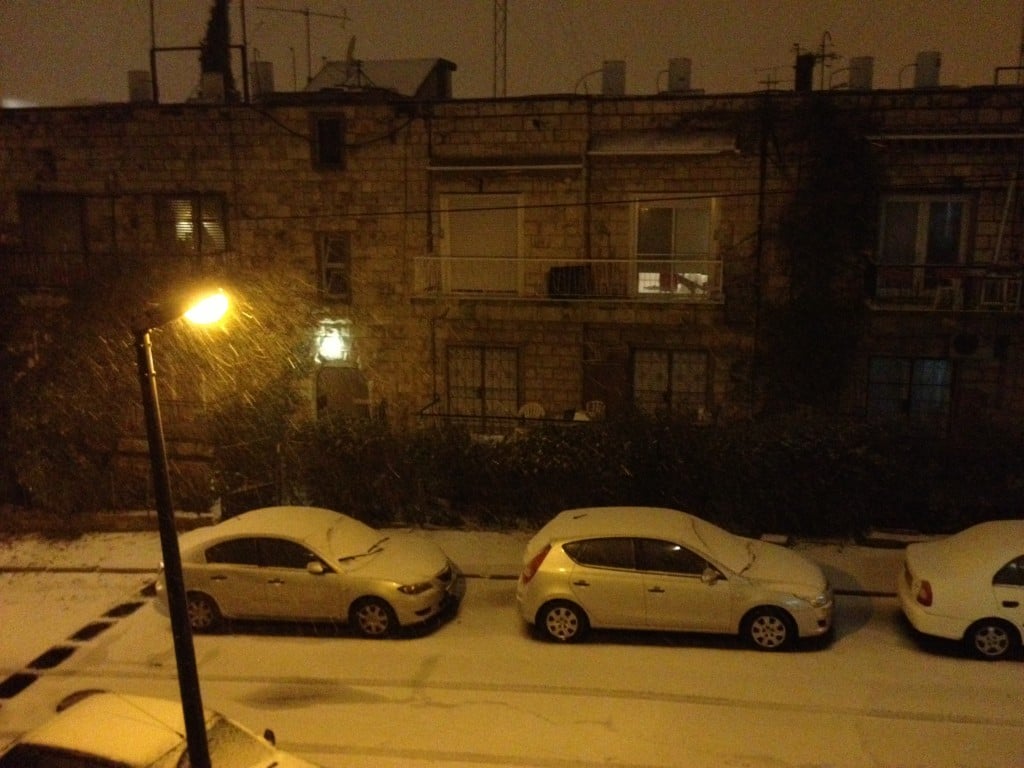 Snow in Jerusalem on Wednesday night (photo credit: Elhanan Miller/Times of Israel)