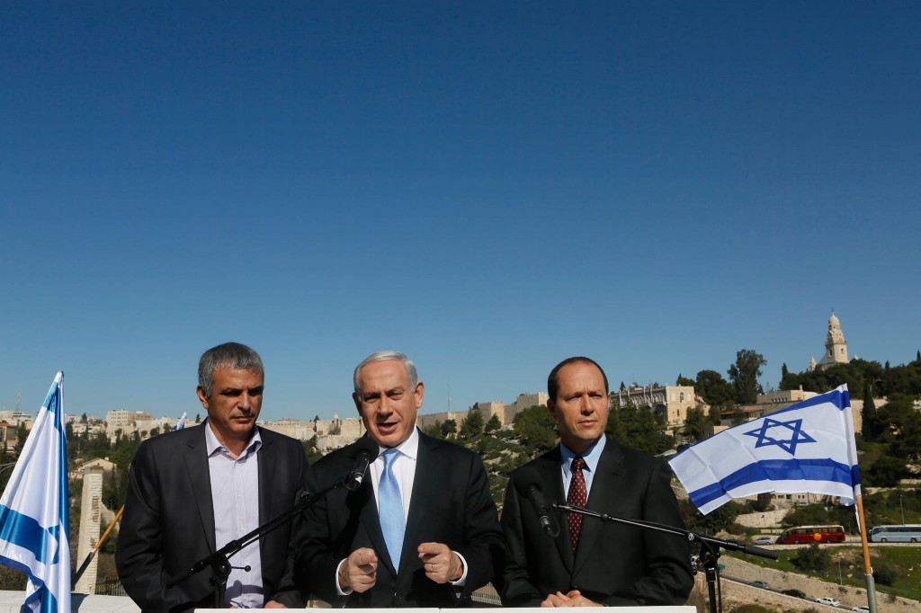 Prime Minister Benjamin Netanyahu (center) flanked by Communications Minister Moshe Kahlon (left) and Jerusalem Mayor Nir Barkat at the Menachem Begin Heritage Center. (photo courtesy of Benjamin Netanyahu's Facebook page)