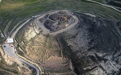An aerial view of Herodium, the site of King Herod's Palace and the king's burial tomb, near Bethlehem in the West Bank (photo credit: Wikimedia Commons)