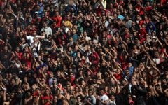 Egyptian soccer fans of the Al-Ahly club celebrate a court verdict that returned 21 death penalties in last year's soccer violence which left 74 dead, inside the club premises in Cairo, Egypt, Saturday, January 26, 2013 (photo credit: AP/Khalil Hamra)