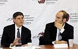 White House Chief of Staff Jacob “Jack” Lew, left, and Jarrod Bernstein, White House Director of Jewish Outreach, speak to the media at the offices of the Jewish Community Relations Council of New York, Friday, Feb. 17, 2012 (photo credit: AP/Jewish Community Relations Council, David Karp)