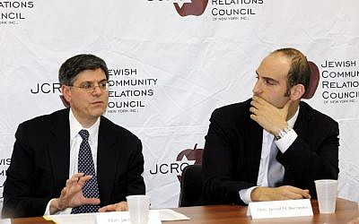 White House Chief of Staff Jacob “Jack” Lew, left, and Jarrod Bernstein, White House Director of Jewish Outreach, speak to the media at the offices of the Jewish Community Relations Council of New York, Friday, Feb. 17, 2012 (photo credit: AP/Jewish Community Relations Council, David Karp)
