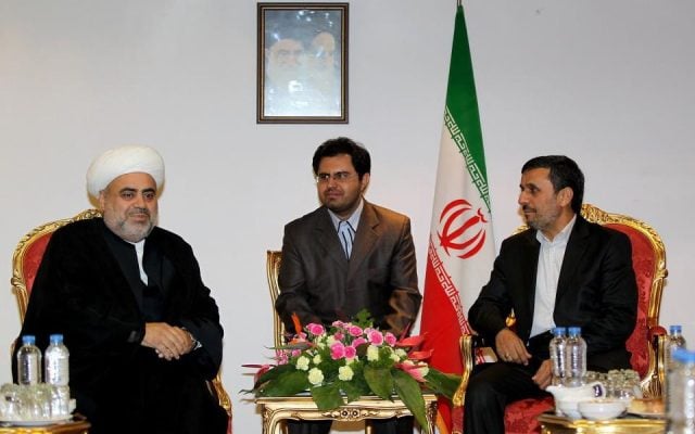 Hashemi translates at a meeting between Iranian President Mahmoud Ahmadinejad and a cleric from Azerbaijan (photo credit: Iranian presidential website)