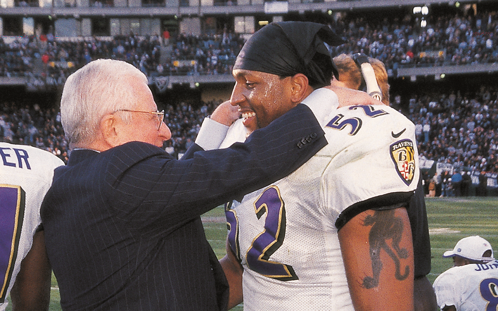 Art Modell, the late owner of the Baltimore Ravens, embraces star linebacker Ray Lewis in 2001. (photo credit: Courtesy of the Baltimore Ravens via JTA) Art Modell, the late owner of the Baltimore Ravens, embraces star linebacker Ray Lewis in 2001. (photo credit: Courtesy of the Baltimore Ravens via JTA)