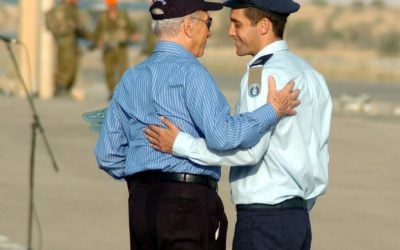 Asaf Ramon, left, with Presdient Shimon Peres upon his graduation at Hatzerim air force base in June 2009, several months before he was killed. (photo credit: Dudu Greenspan/Flash90)