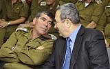 Gabi Ashkenazi, left, speaking to Ehud Barak at Defense Ministry headquarters in 2010. (Ariel Hermoni/Defense Ministry/Flash90)