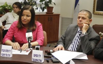 Labor Party leader Shelly Yachimovich and fellow party member Eitan Cabel attend a meeting at the Knesset in 2013. (Miriam Alster/Flash90)