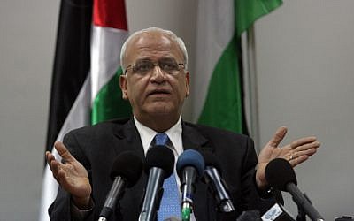 Saeb Erekat speaks during a news conference in Ramallah in the West Bank on January 2, 2012. (photo credit: Issam Rimawi/ FLASH90)