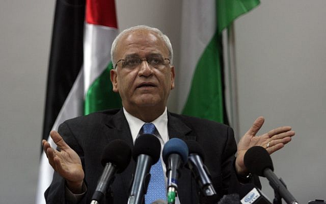 Saeb Erekat speaks during a news conference in Ramallah in the West Bank on January 2, 2012. (photo credit: Issam Rimawi/ FLASH90) Saeb Erekat speaks during a news conference in Ramallah in the West Bank on January 2, 2012. (photo credit: Issam Rimawi/ FLASH90)