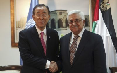 Palestinian Authority President Mahmoud Abbas (R) meets with UN Secretary-General Ban Ki-moon in the West Bank city of Ramallah on February 1, 2012 (photo credit: Fadi Arouri/Flash90)