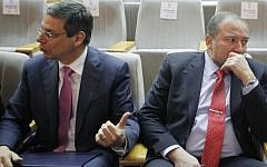 Danny Ayalon (left) and Avigdor Liberman, at a Knesset event in February 2012 (photo credit: Miriam Alster/FLASH90)