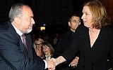 Avigdor Liberman (left) and Tzipi Livni shaking hands in January 2013. (Flash90)