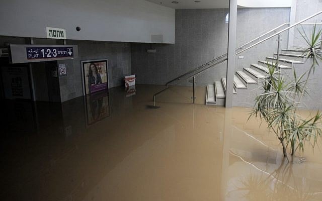 The Herzliya train station remained closed on Monday morning due to heavy flooding (photo credit: Flash90)
