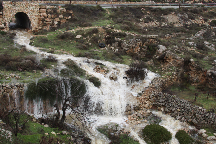 Swirling water flows during flood at a spring near Hapirim River in Gush Etzion, located in the Judean Hills outside Jerusalem, Wednesday (photo credit: Gershon Elinson/Flash90)