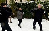 Gearing up for the elections? Prime Minister Benjamin Netanyahu has a snowball fight with his family in Jerusalem on Thursday (photo credit: Avi Ohayon/GPO/Flash90)