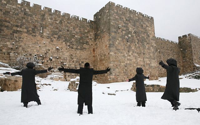 Ultra-Orthodox Jewish men seen playing near the Old City walls in Jerusalem, on Wednesday, Jan 10 (photo credit: Nati Shohat/Flash90) Ultra-Orthodox Jewish men seen playing near the Old City walls in Jerusalem, on Wednesday, Jan 10 (photo credit: Nati Shohat/Flash90)