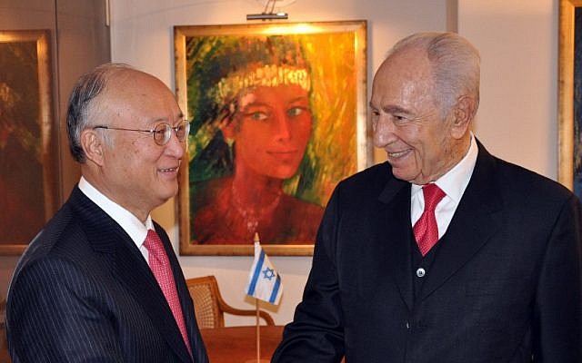 President Shimon Peres (R) meets with Yukiya Amano, director general of the International Atomic Energy Agency (IAEA), at the World Economic Forum in Davos, Switzerland (photo credit: President Spokesman/GPO/Flash90) President Shimon Peres (R) meets with Yukiya Amano, director general of the International Atomic Energy Agency (IAEA), at the World Economic Forum in Davos, Switzerland (photo credit: President Spokesman/GPO/Flash90)