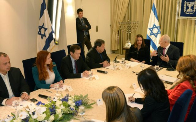 Members of the Labor Party met with Shimon Peres on Thursday (photo credit:  Mark Nayman/GPO/Flash90)