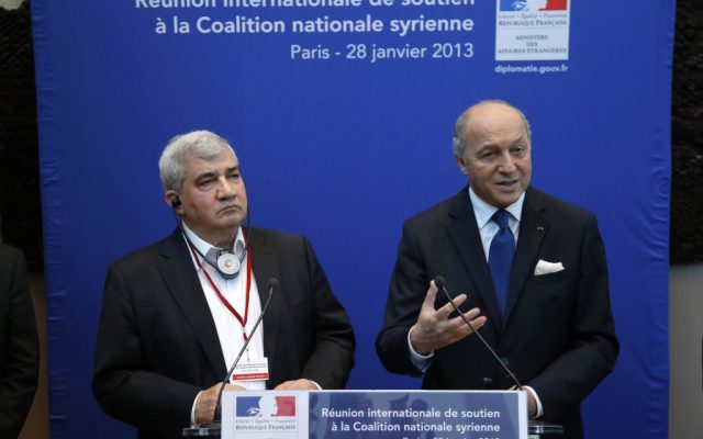 French Foreign Minister Laurent Fabius, right, flanked by Syrian National Coalition vice-president Riad Seif attend a press conference during the International support meeting of the Syrian National Coalition in Paris, Monday, Jan. 28, 2013 (photo credit:AP/Francois Mori) French Foreign Minister Laurent Fabius, right, flanked by Syrian National Coalition vice-president Riad Seif attend a press conference during the International support meeting of the Syrian National Coalition in Paris, Monday, Jan. 28, 2013 (photo credit:AP/Francois Mori)
