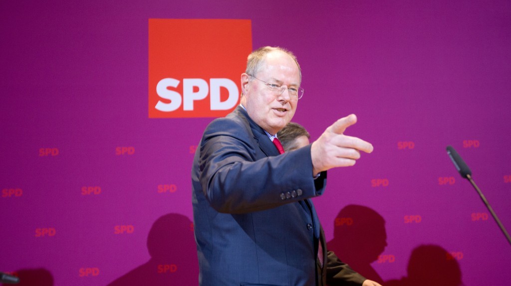 Social Democratic Party (SPD) top candidate for the upcoming German general elections Peer Steinbrueck reacts to the first exit polls of the state election in Lower Saxony at the party's headquarters in Berlin on Sunday. (AP/DPA/Kay Nietfeld)