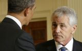 Barack Obama, left, shakes hands with Chuck Hagel in the White House on January 7, 2013. (photo credit: AP/Pablo Martinez Monsivais)