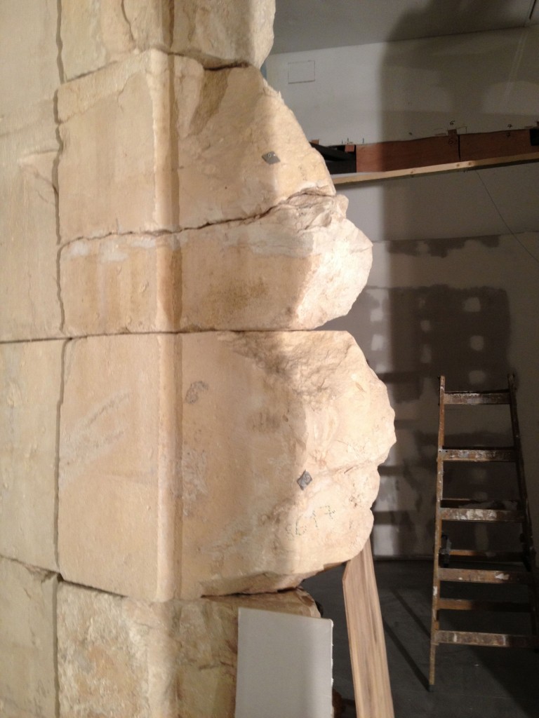 A corner of Herod's mausoleum, showing the electronic chips attached to each stone that helped facilitate the placement of each stone in the column (photo credit: Jessica Steinberg/Times of Israel)