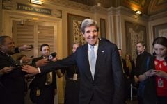 Sen. John Kerry, D-Mass., emerges after a unanimous vote by the Senate Foreign Relations Committee approving him to become America's next top diplomat on Tuesday, Jan. 29 (photo credit: AP/J. Scott Applewhite)