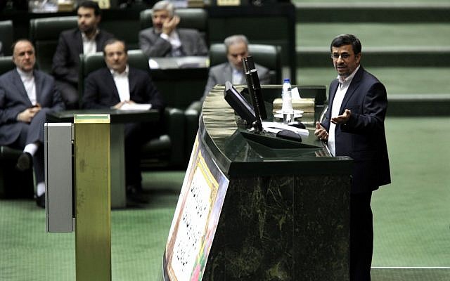 Iranian President Mahmoud Ahmadinejad speaks at the parliament in Tehran, Iran, Wednesday, Jan. 16 (photo credit: AP/Vahid Salemi) Iranian President Mahmoud Ahmadinejad speaks at the parliament in Tehran, Iran, Wednesday, Jan. 16 (photo credit: AP/Vahid Salemi)