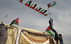 Pro-Palestinian activists place Palestinian flags in the new outpost of Bab el-Shams (Gate of the Sun) in the area known as E1, near Jerusalem, Saturday. (photo credit: AP)