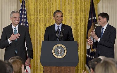 US President Barack Obama with the White House's then-Chief of Staff Jack Lew, right, announces that he will name current Deputy National Security Adviser Denis McDonough,left, as his next chief of staff, Friday, Jan. 25, 2013, in the East Room of the White House in Washington. (photo credit: AP/Carolyn Kaster)