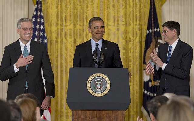 US President Barack Obama with the White House's then-Chief of Staff Jack Lew, right, announces that he will name current Deputy National Security Adviser Denis McDonough,left, as his next chief of staff, Friday, Jan. 25, 2013, in the East Room of the White House in Washington. (photo credit: AP/Carolyn Kaster) US President Barack Obama with the White House's then-Chief of Staff Jack Lew, right, announces that he will name current Deputy National Security Adviser Denis McDonough,left, as his next chief of staff, Friday, Jan. 25, 2013, in the East Room of the White House in Washington. (photo credit: AP/Carolyn Kaster)