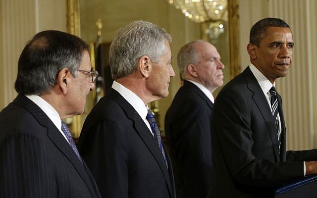 President Barack Obama speaks in the East Room of the White House in Washington on Monday to announce his nomination of John Brennan, second from the right, as the new CIA director, and former Nebraska senator Chuck Hagel, second from the left, as the new Defense Secretary. (photo credit: AP/Pablo Martinez Monsivais) President Barack Obama speaks in the East Room of the White House in Washington on Monday to announce his nomination of John Brennan, second from the right, as the new CIA director, and former Nebraska senator Chuck Hagel, second from the left, as the new Defense Secretary. (photo credit: AP/Pablo Martinez Monsivais)