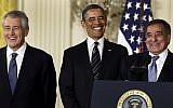 President Barack Obama and his choice for defense secretary, former Nebraska senator Chuck Hagel, left, and Leon Panetta in the East Room of the White House, January 7, 2013 (photo credit: Charles Dharapak/AP)