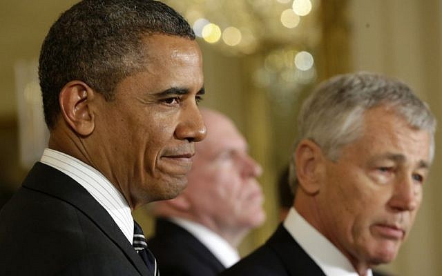 US President Barack Obama, left, stands with former Nebraska senator Chuck Hagel in the East Room of the White House, after announcing Hagel's nomination for the post of defense secretary. (photo credit: AP/Pablo Martinez Monsivais) US President Barack Obama, left, stands with former Nebraska senator Chuck Hagel in the East Room of the White House, after announcing Hagel's nomination for the post of defense secretary. (photo credit: AP/Pablo Martinez Monsivais)