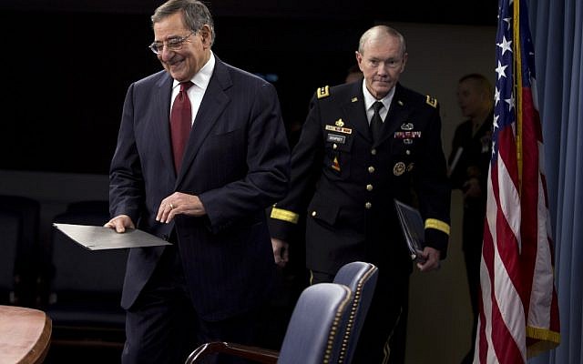 US Defense Secretary Leon Panetta and Joint Chiefs Chairman Gen. Martin Dempsey arrive for their news conference at the Pentagon on Thursday, January 10, 2013. (photo credit: Evan Vucci/AP) US Defense Secretary Leon Panetta and Joint Chiefs Chairman Gen. Martin Dempsey arrive for their news conference at the Pentagon on Thursday, January 10, 2013. (photo credit: Evan Vucci/AP)