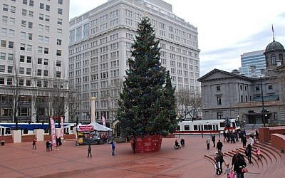 Portland, Oregon's Pioneer Courthouse Square, with its annual Christmas tree, in December 2011. (photo credit: Steve Morgan/Wikimedia Commons)