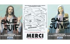 A poster produced by the UEJF depicts Jesus and Mary spray-painted with the words "dirty Jew." (Courtesy UEJF via JTA) A poster produced by the UEJF depicts Jesus and Mary spray-painted with the words "dirty Jew." (Courtesy UEJF via JTA)