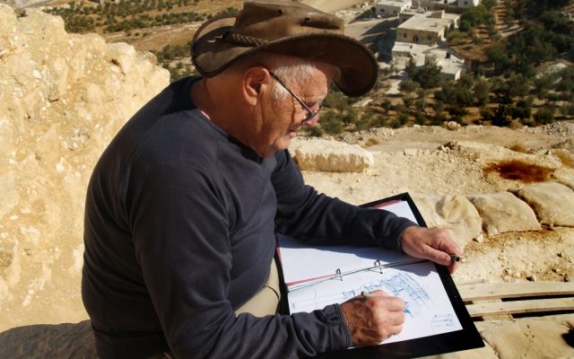 Professor Ehud Netzer sketching a freehand reconstruction of Herod's Mausoleum, taken on the day he fell to his death (photo credit: Andrei Vainer)