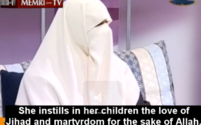 Umm Osama, interviewed on Hamas's al-Aqsa TV in Gaza last month (photo credit: MEMRI screenshot) Umm Osama, interviewed on Hamas's al-Aqsa TV in Gaza last month (photo credit: MEMRI screenshot)