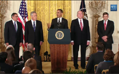 US President Barack Obama (center) nominates former senator Chuck Hagel (second from left) as the new defense secretary. (photo credit: image capture from White House live feed)