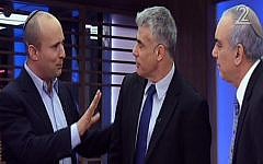 Naftali Bennett, left, speaking with Yair Lapid and Nissim Mishal on Mishal's TV program Thursday. (photo credit: Screenshot/Channel 2)