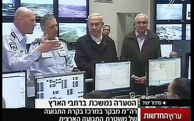 Prime Minister Benjamin Netanyahu during a visit to the police's traffic control center in Beit Dagan on Wednesday, Jan. 9 (image capture Channel 2) Prime Minister Benjamin Netanyahu during a visit to the police's traffic control center in Beit Dagan on Wednesday, Jan. 9 (image capture Channel 2)