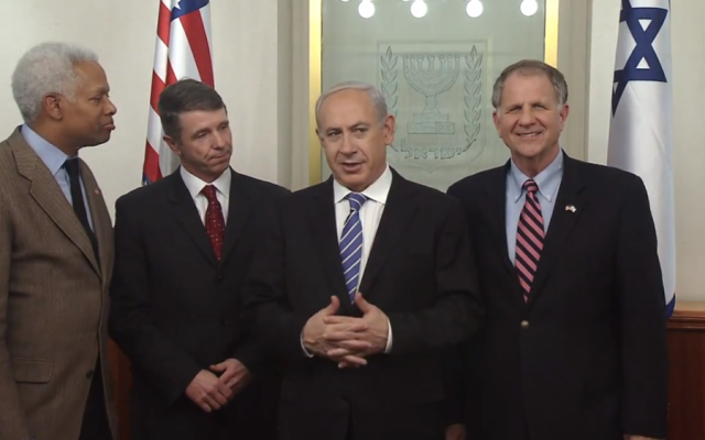 Prime Minister Benjamin Netanyahu (third from left) and US Congressmen on Monday, January 28, 2013, in Jerusalem (Screenshot: YouTube, via PMO)