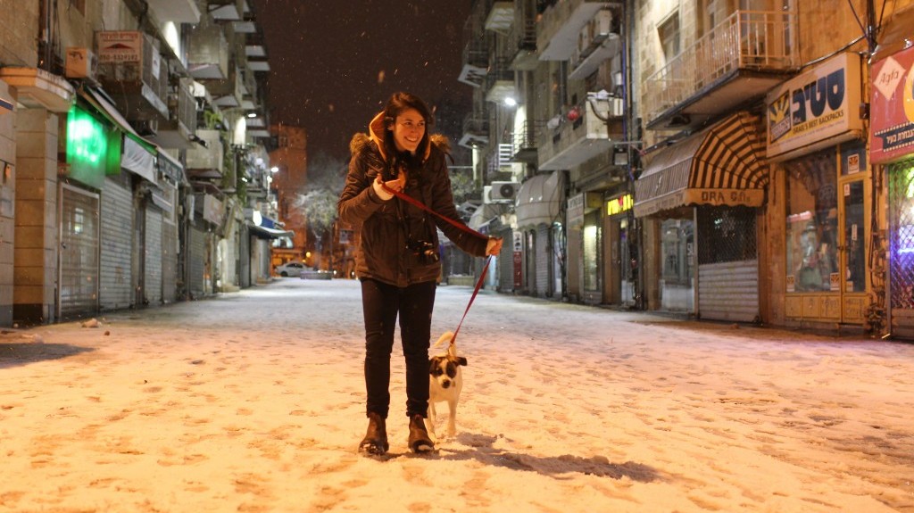A woman walks her dog on a snow covered street in Jerusalem on Wednesday (photo credit: Nati Shohat/Flash90)