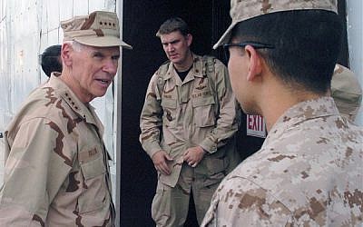 William Fallon, left, in Afghanistan in 2007. (photo credit: Thomas J. Doscher, US Air Force/Department of Defense)