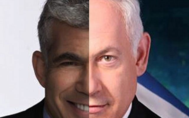 Yair Lapid and Benjamin Netanyahu (composite of two campaign photos) Yair Lapid and Benjamin Netanyahu (composite of two campaign photos)