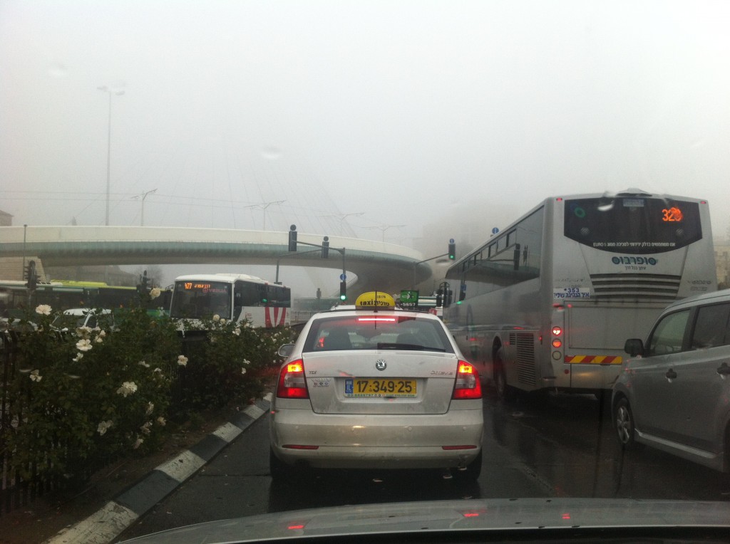 Jerusalem's Bridge of Strings is obstructed by fog, Monday (photo credit: The Times of Israel)